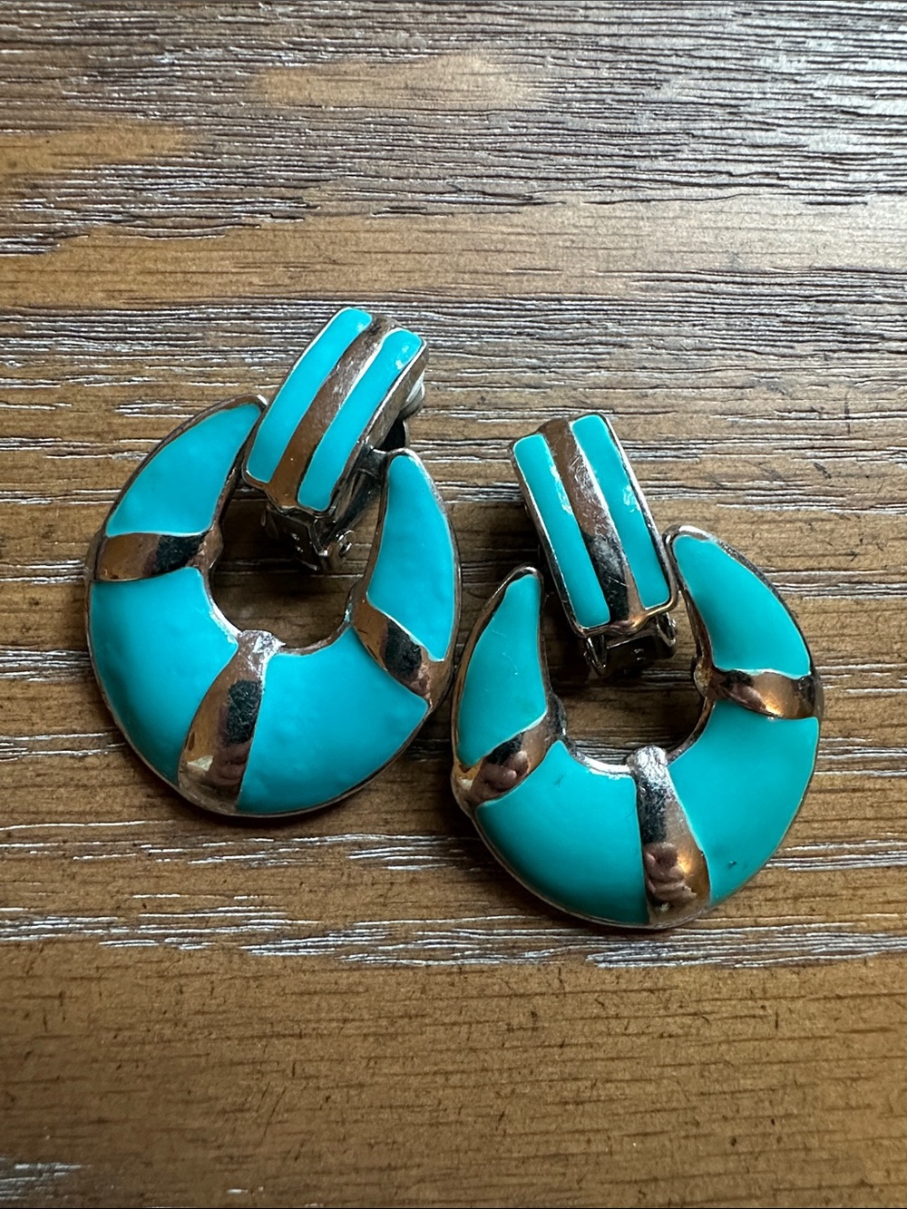 Turquoise Enamel and Silver Tone Clip on Earrings